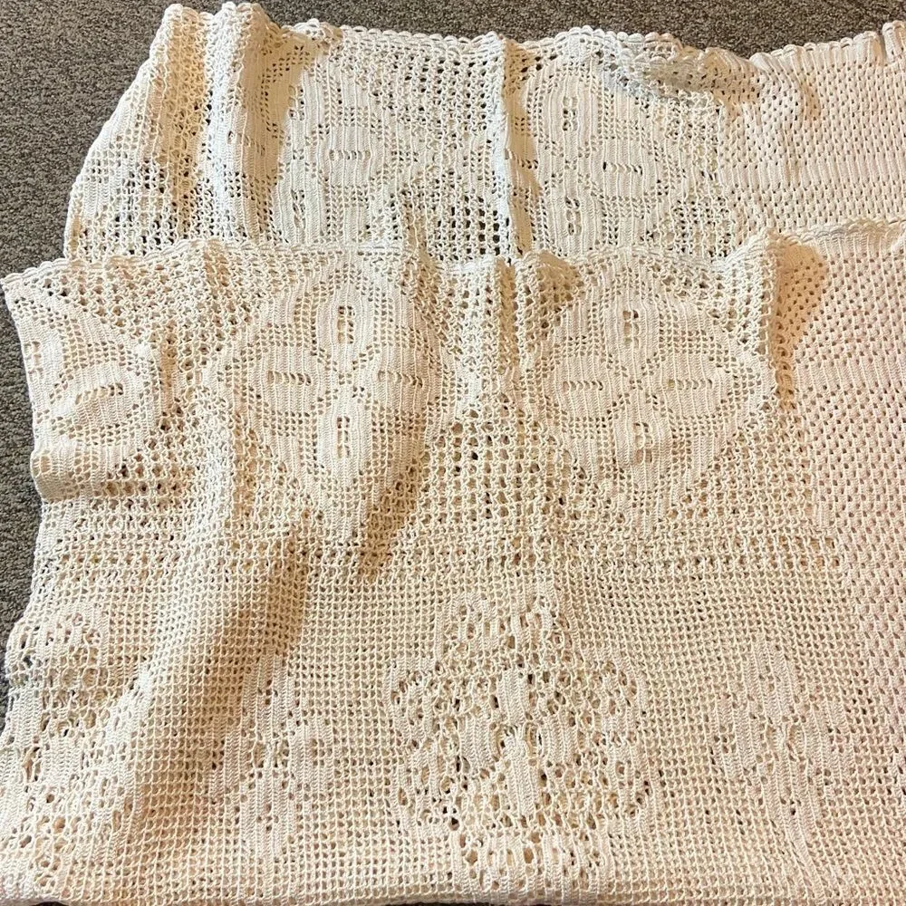 VTG,Specially Handmade By Joyce Cream Crochet Lace Fabric Size 86”X65” Approxi,!